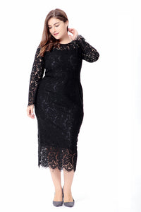 Plus Size Dress Women's Long Sleeve Lace Slim Fit Crew Neck Midi Dress