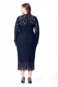 Plus Size Dress Women's Long Sleeve Lace Slim Fit Crew Neck Midi Dress