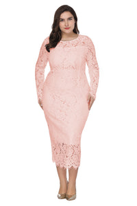 Plus Size Dress Women's Long Sleeve Lace Slim Fit Crew Neck Midi Dress