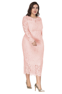 Plus Size Dress Women's Long Sleeve Lace Slim Fit Crew Neck Midi Dress