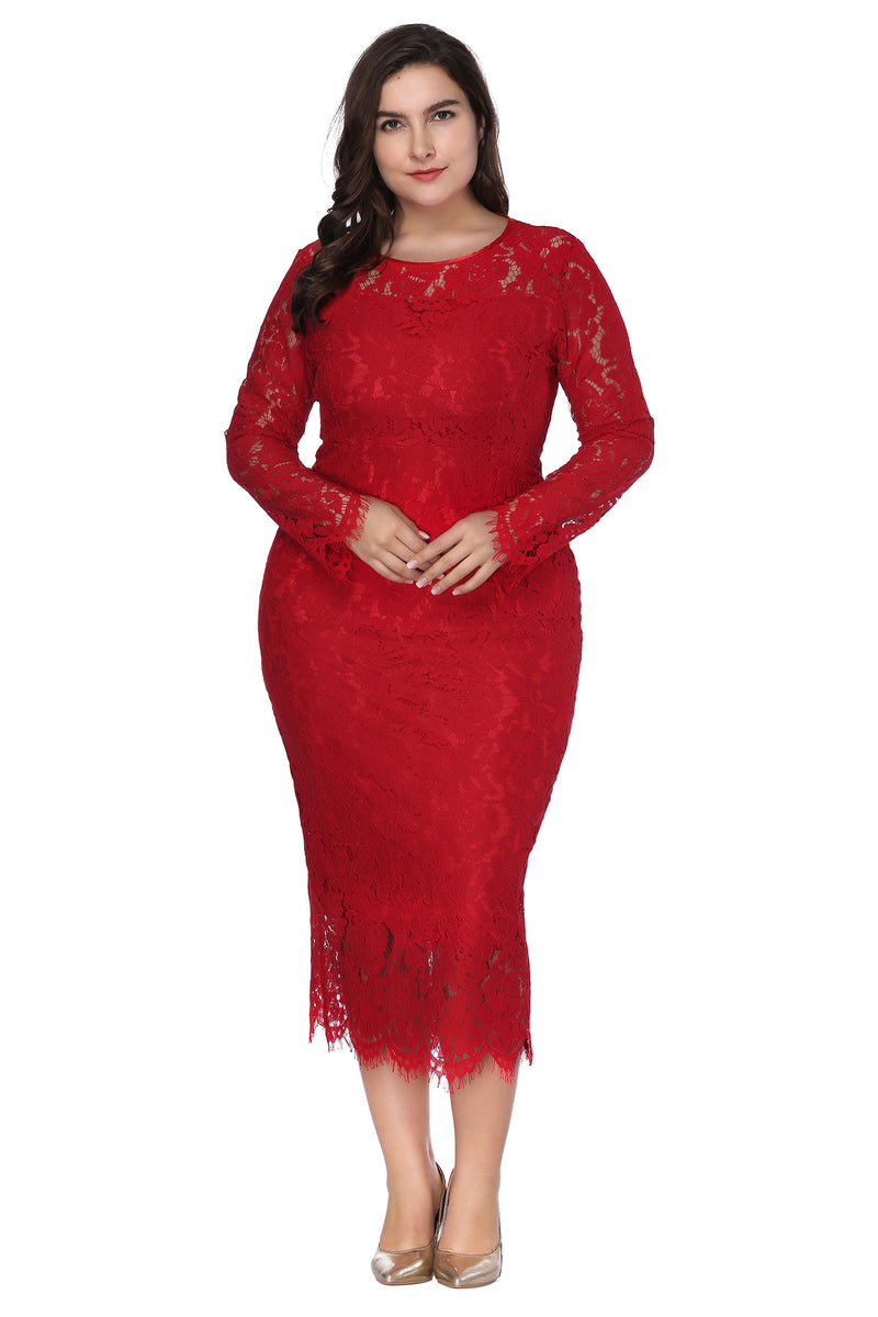 Plus Size Dress Women's Long Sleeve Lace Slim Fit Crew Neck Midi Dress