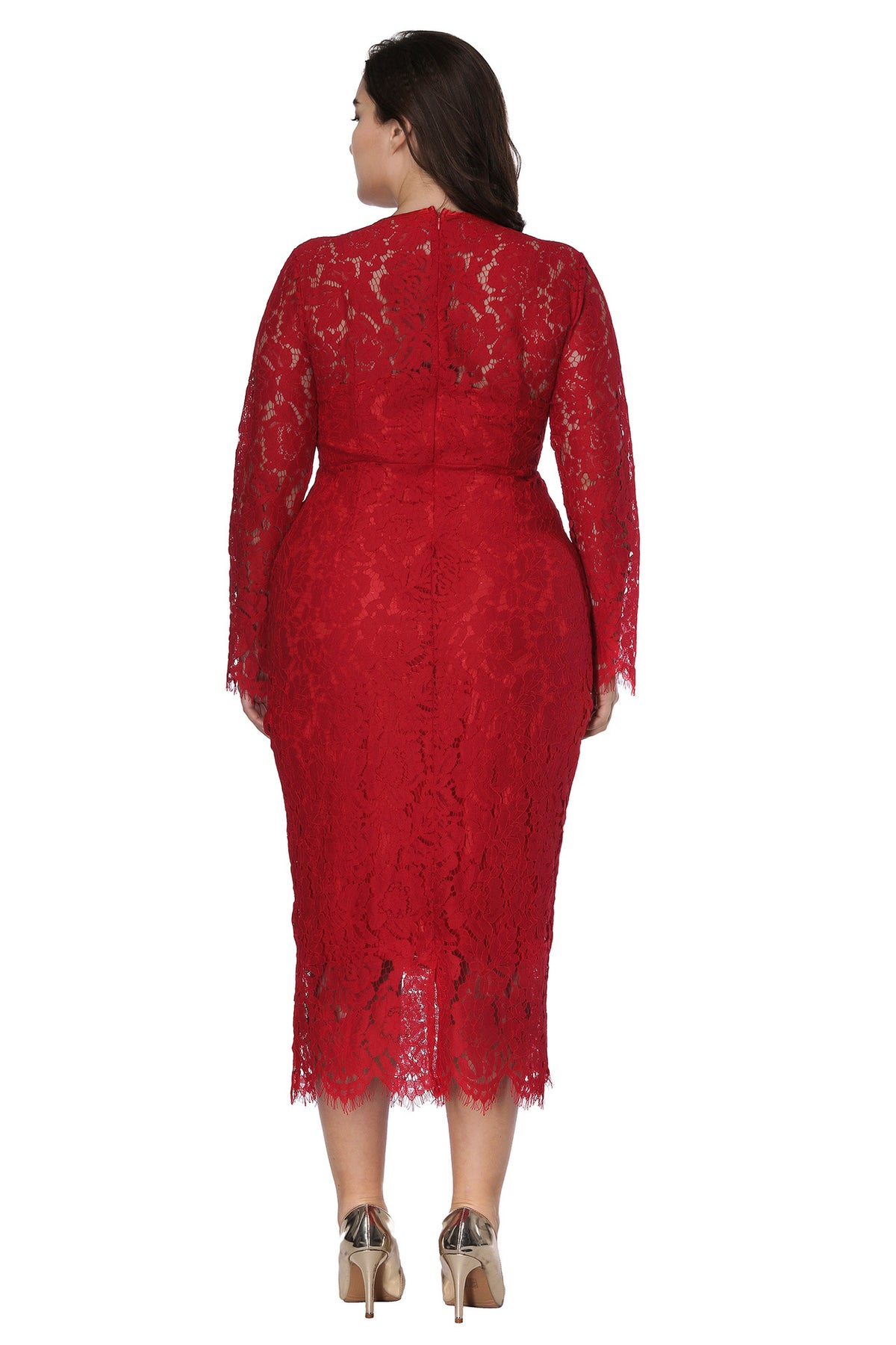 Plus Size Dress Women's Long Sleeve Lace Slim Fit Crew Neck Midi Dress