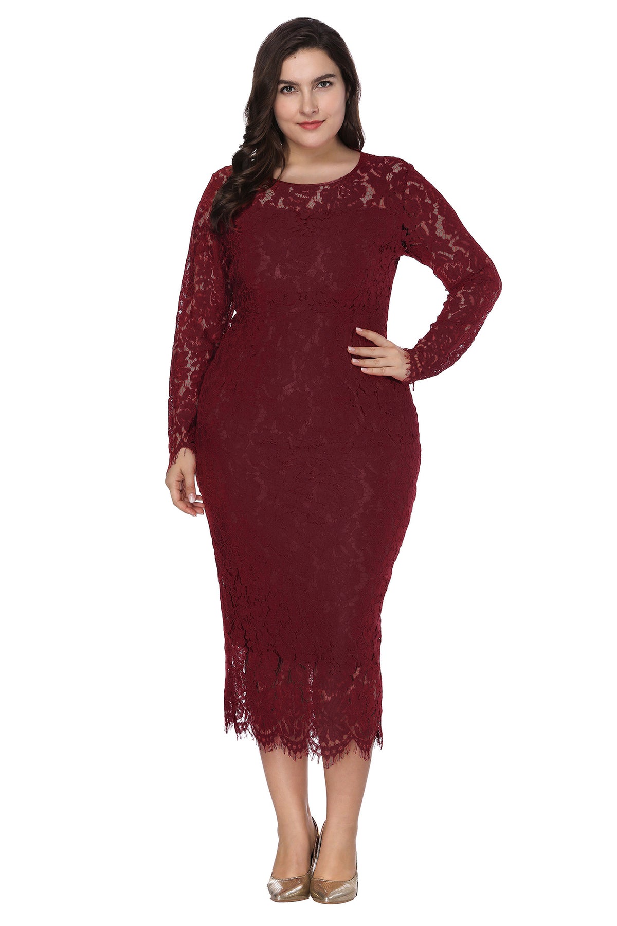 Plus Size Dress Women's Long Sleeve Lace Slim Fit Crew Neck Midi Dress