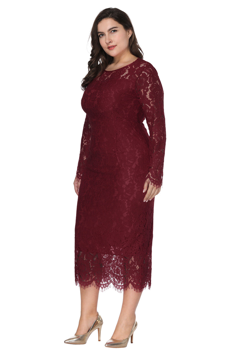 Plus Size Dress Women's Long Sleeve Lace Slim Fit Crew Neck Midi Dress