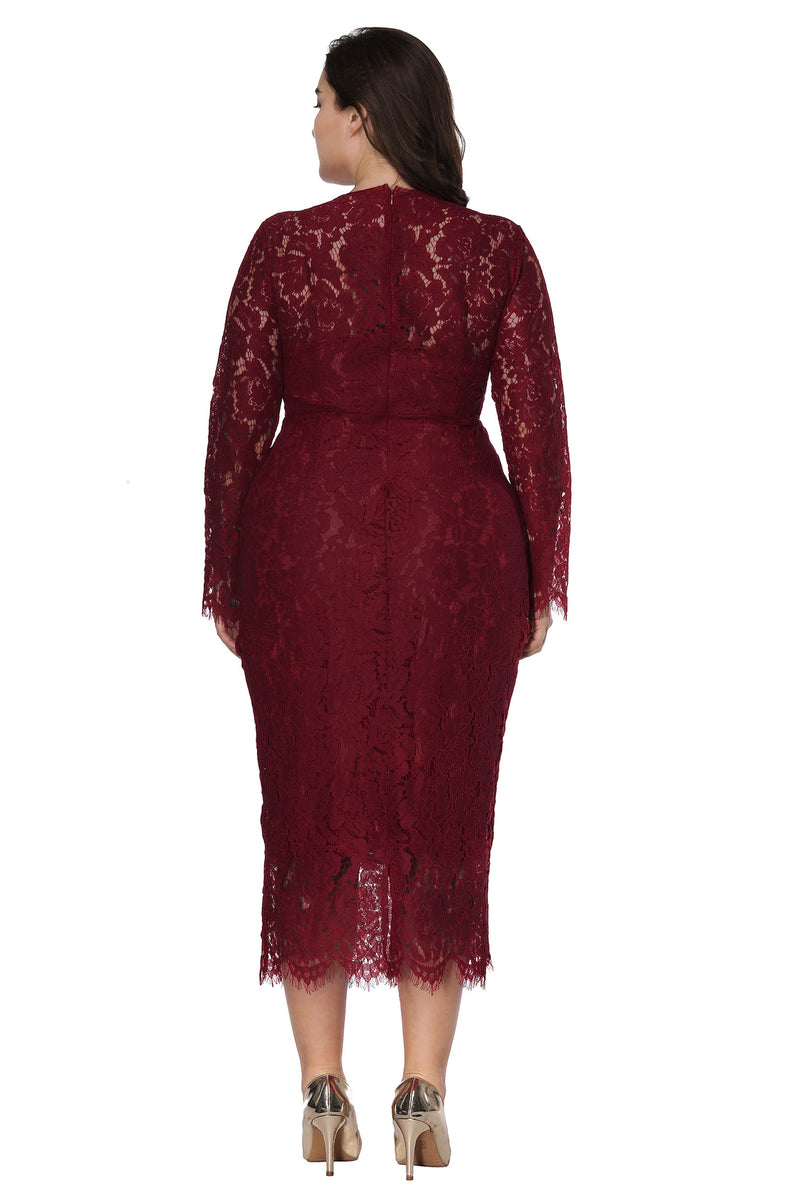 Plus Size Dress Women's Long Sleeve Lace Slim Fit Crew Neck Midi Dress