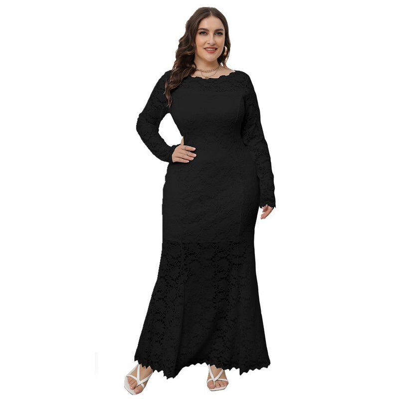 Plus Size Dress Women's Crew-Neck Hollow Lace Fishtail Evening Party Maxi Dress