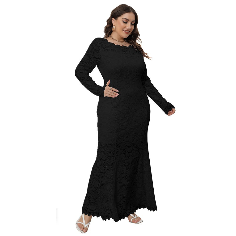 Plus Size Dress Women's Crew-Neck Hollow Lace Fishtail Evening Party Maxi Dress