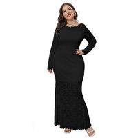 Plus Size Dress Women's Crew-Neck Hollow Lace Fishtail Evening Party Maxi Dress