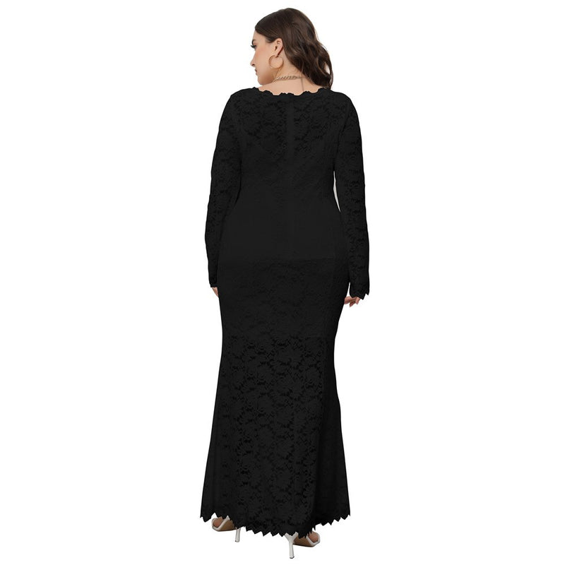 Plus Size Dress Women's Crew-Neck Hollow Lace Fishtail Evening Party Maxi Dress