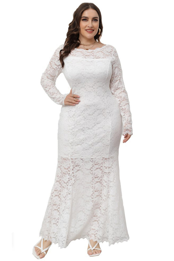 Plus Size Dress Women's Crew-Neck Hollow Lace Fishtail Evening Party Maxi Dress