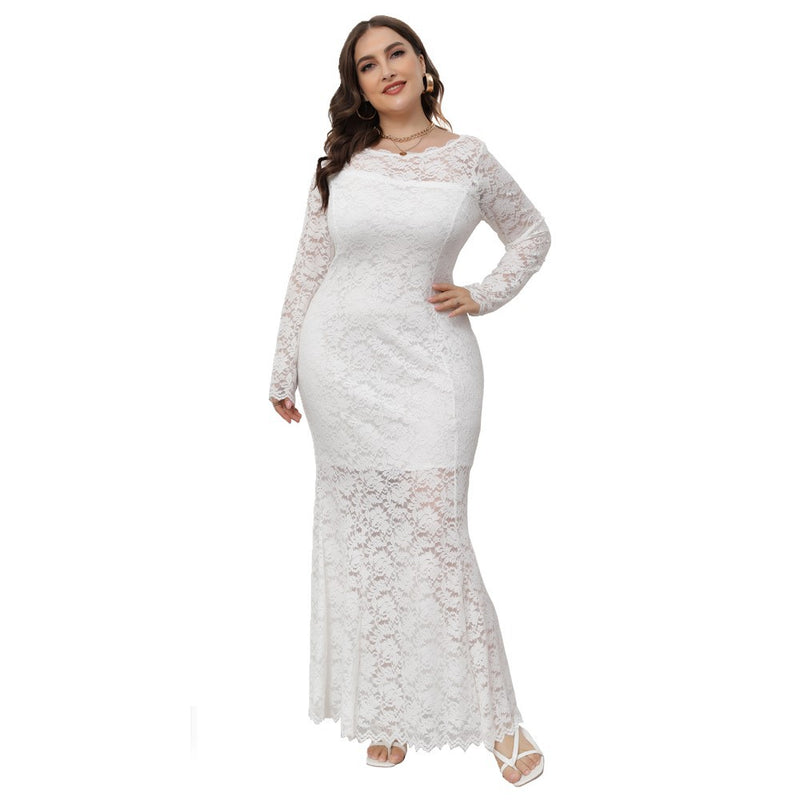 Plus Size Dress Women's Crew-Neck Hollow Lace Fishtail Evening Party Maxi Dress