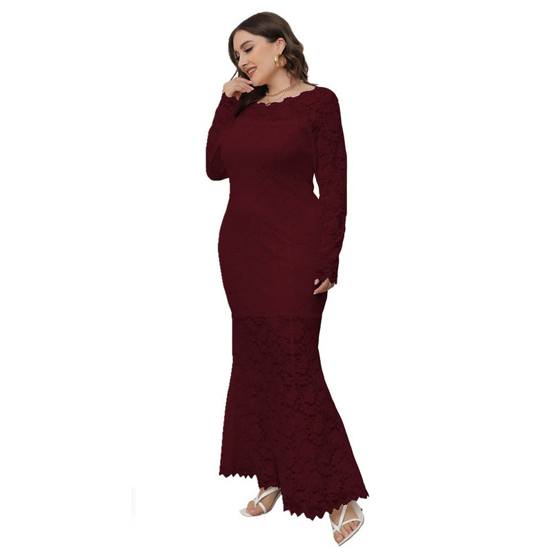 Plus Size Dress Women's Crew-Neck Hollow Lace Fishtail Evening Party Maxi Dress