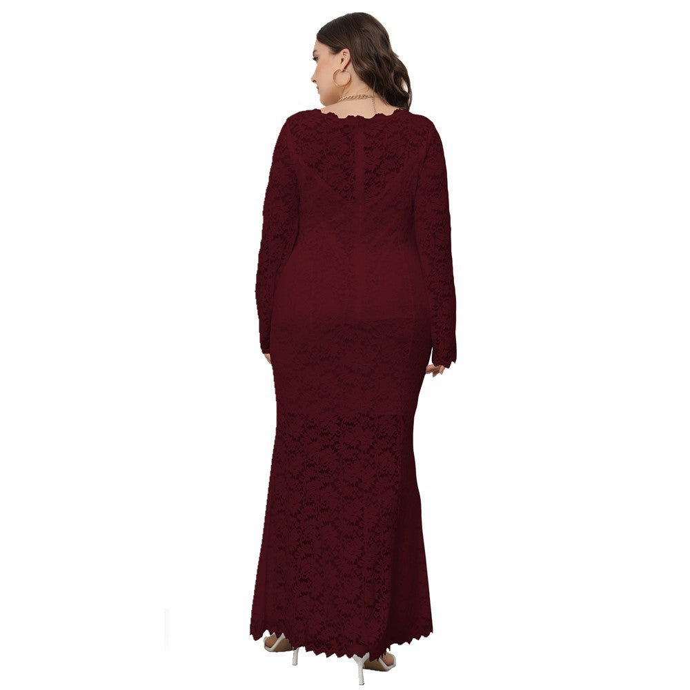 Plus Size Dress Women's Crew-Neck Hollow Lace Fishtail Evening Party Maxi Dress