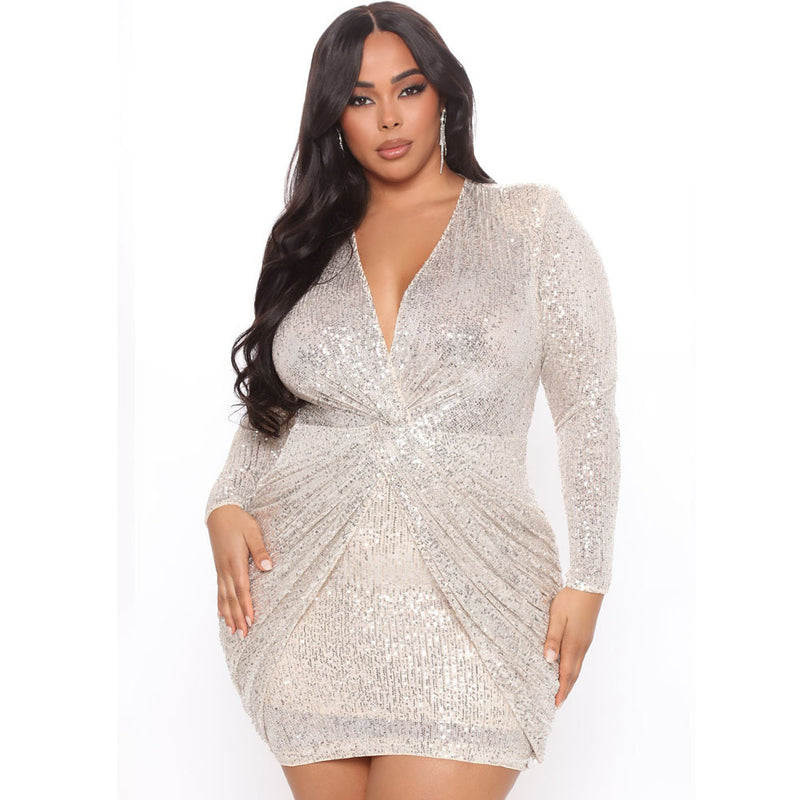 Plus Size Ladies New Solid Color Sexy Deep V Neck Long Sleeve Slim Sequin Dress