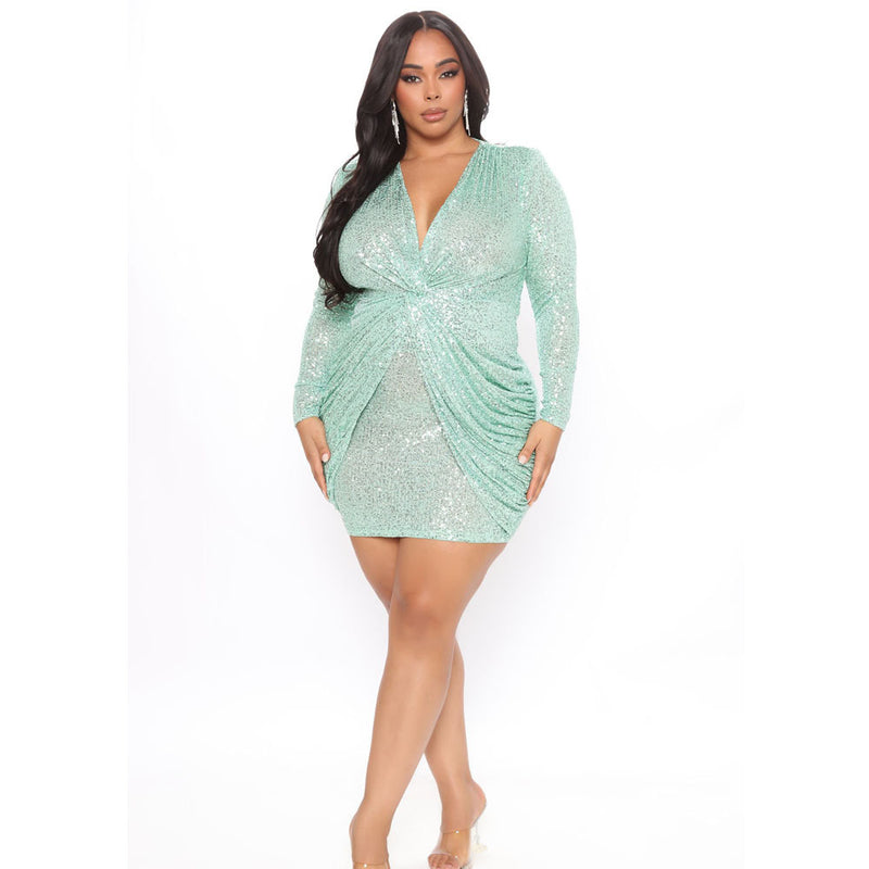 Plus Size Ladies New Solid Color Sexy Deep V Neck Long Sleeve Slim Sequin Dress