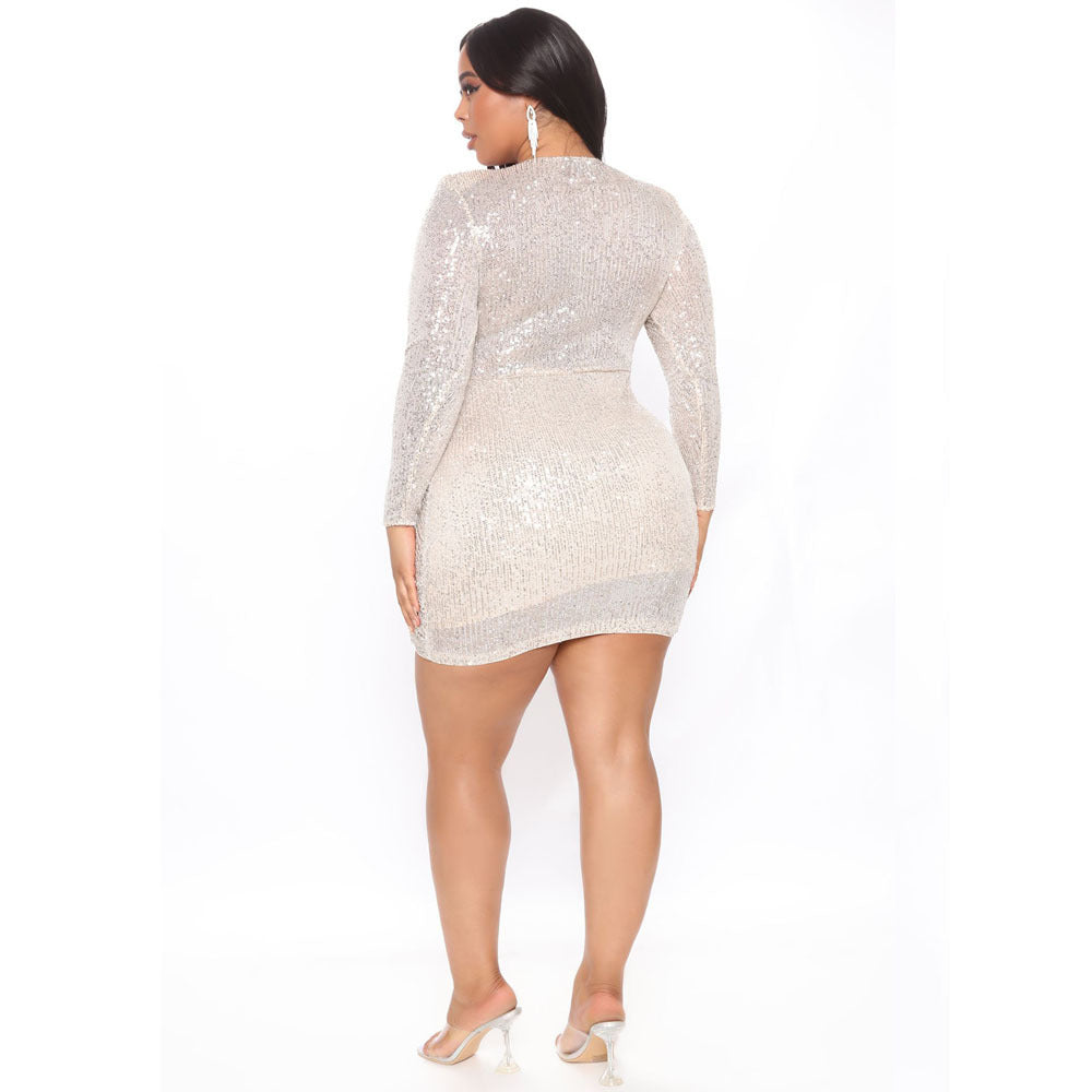 Plus Size Ladies New Solid Color Sexy Deep V Neck Long Sleeve Slim Sequin Dress