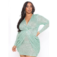 Plus Size Ladies New Solid Color Sexy Deep V Neck Long Sleeve Slim Sequin Dress