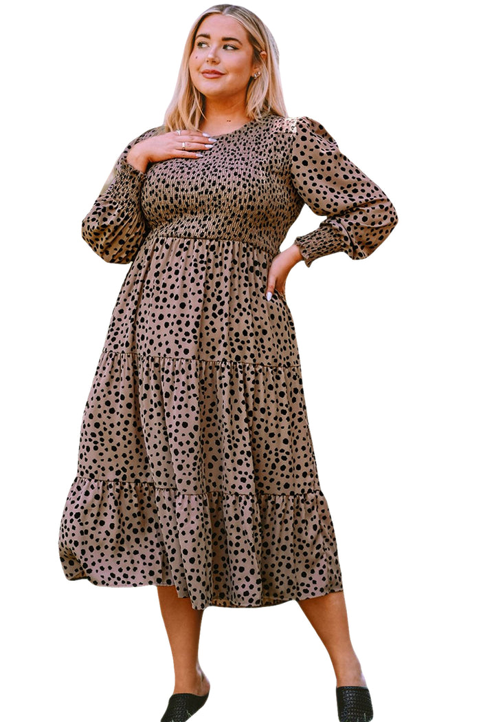 Plus Size Leopard Print Smocked Long Sleeve Women's Tiered Maxi Dress