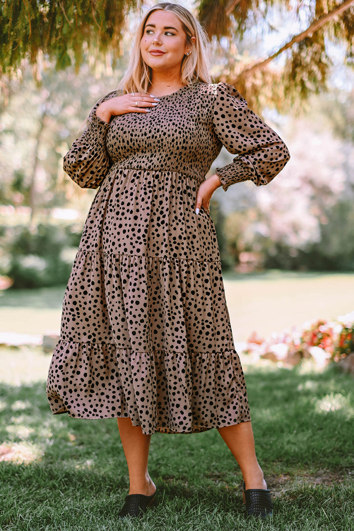 Plus Size Leopard Print Smocked Long Sleeve Women's Tiered Maxi Dress