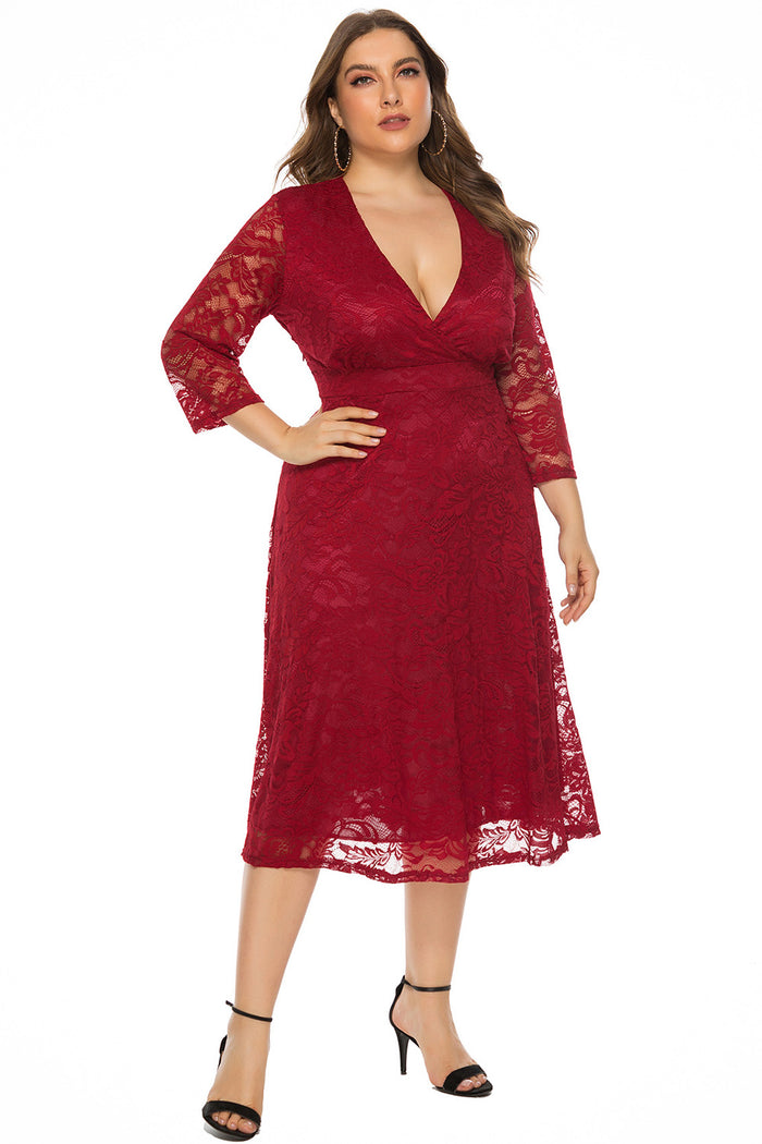 Plus Size Women's Evening Dress Large Swing Midi Dress Hollow Red Lace Dress