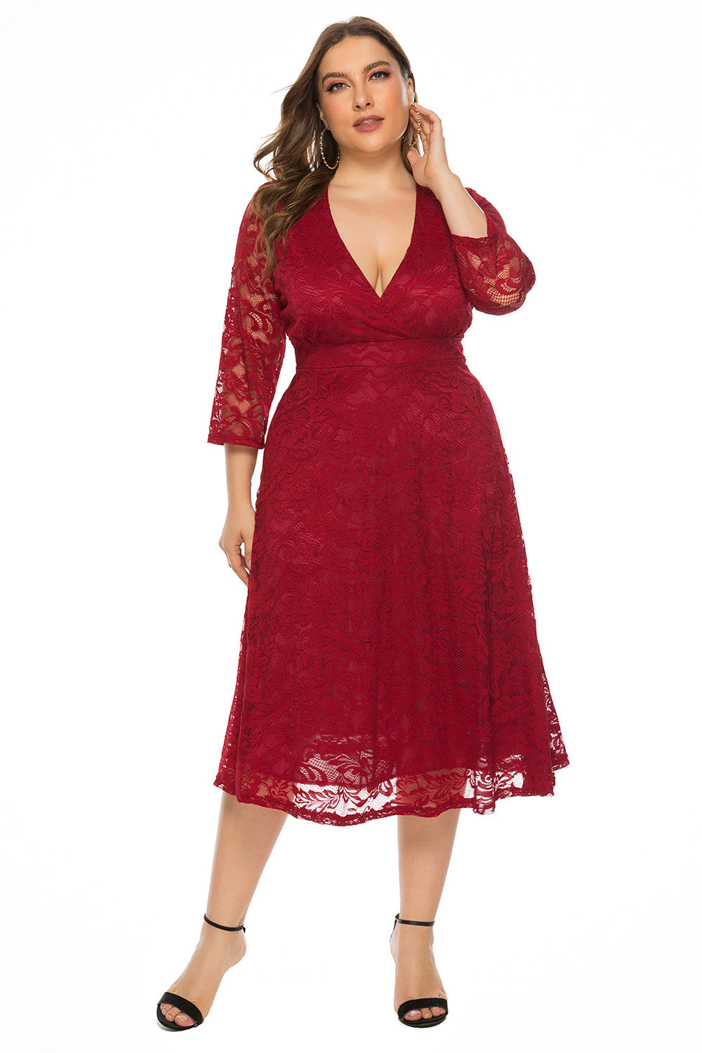 Plus Size Women's Evening Dress Large Swing Midi Dress Hollow Red Lace Dress