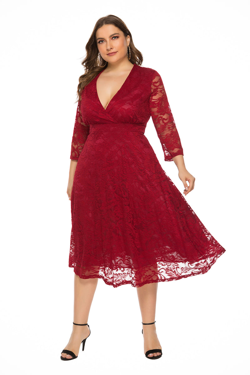 Plus Size Women's Evening Dress Large Swing Midi Dress Hollow Red Lace Dress