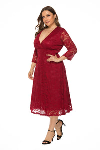 Plus Size Women's Evening Dress Large Swing Midi Dress Hollow Red Lace Dress