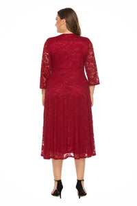 Plus Size Women's Evening Dress Large Swing Midi Dress Hollow Red Lace Dress