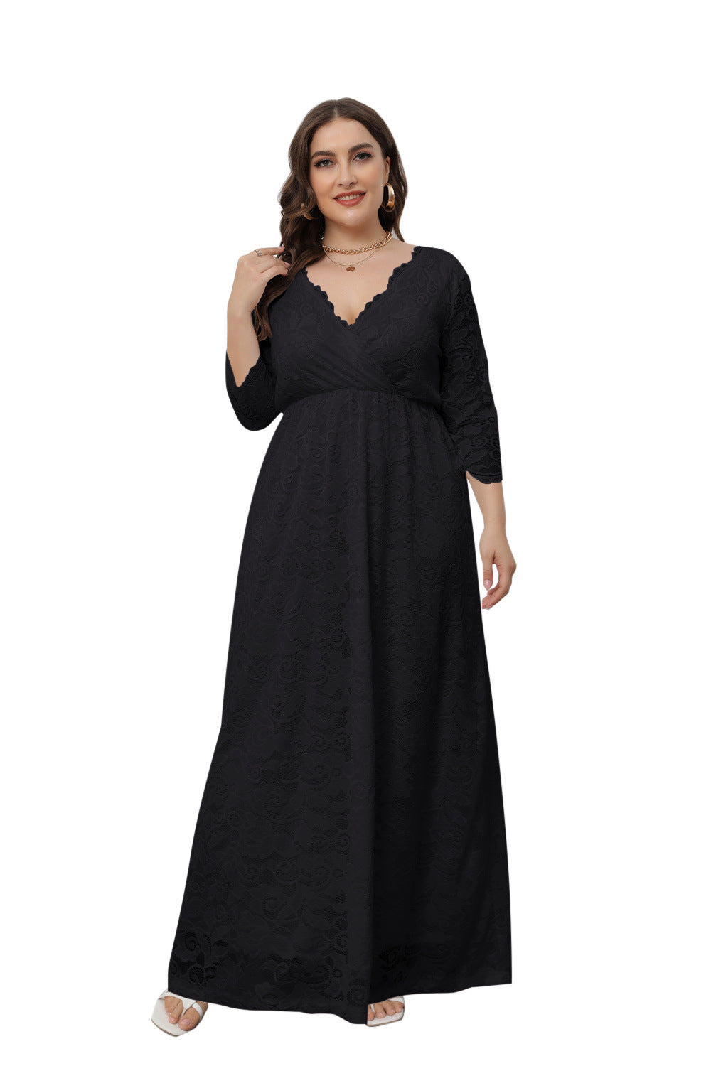 Plus Size Dress Women's V-Neck Long Sleeve Elegant Lace Evening Maxi Party Dress