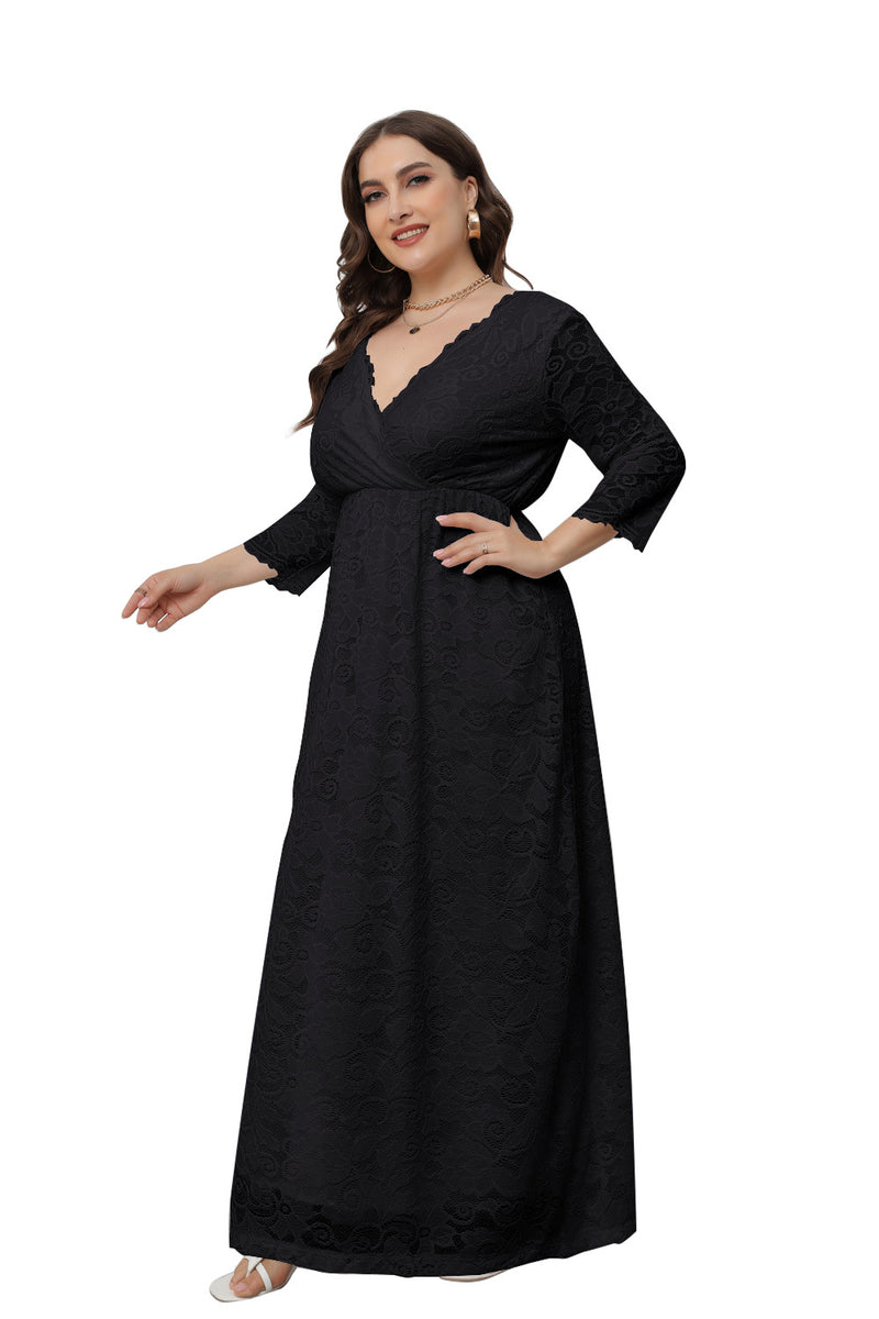 Plus Size Dress Women's V-Neck Long Sleeve Elegant Lace Evening Maxi Party Dress