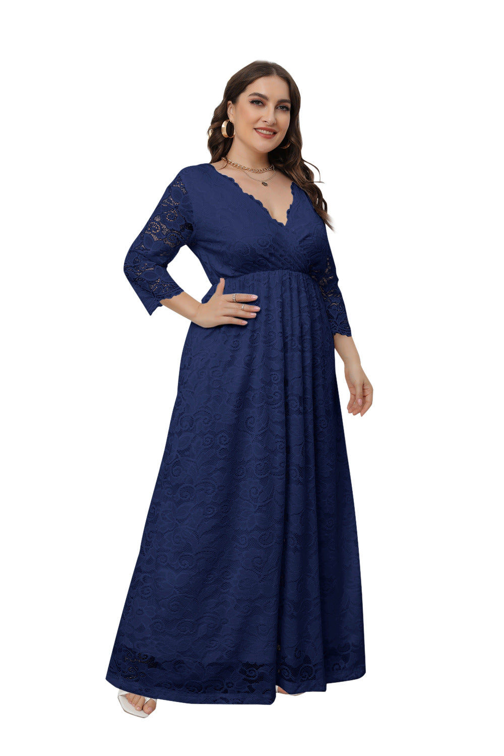 Plus Size Dress Women's V-Neck Long Sleeve Elegant Lace Evening Maxi Party Dress