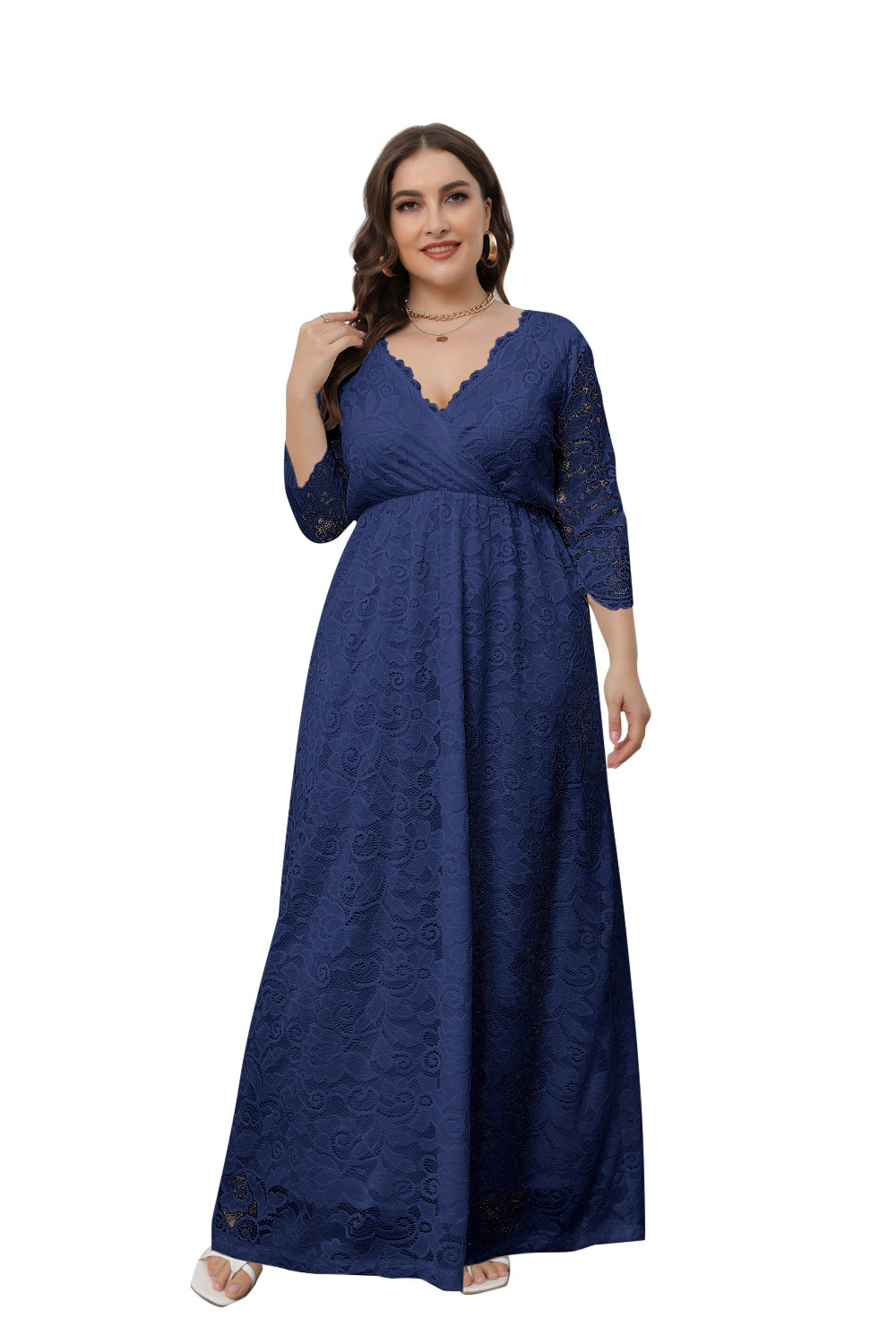 Plus Size Dress Women's V-Neck Long Sleeve Elegant Lace Evening Maxi Party Dress