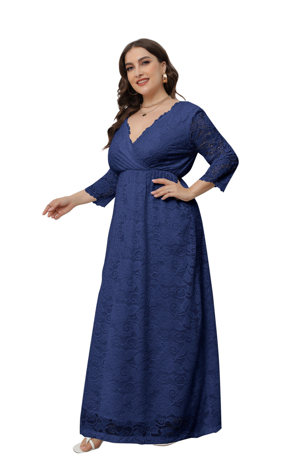 Plus Size Dress Women's V-Neck Long Sleeve Elegant Lace Evening Maxi Party Dress