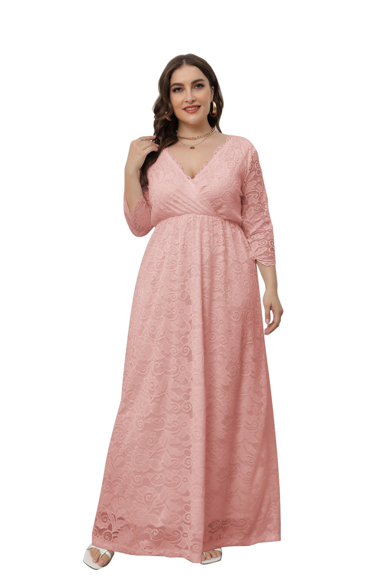 Plus Size Dress Women's V-Neck Long Sleeve Elegant Lace Evening Maxi Party Dress