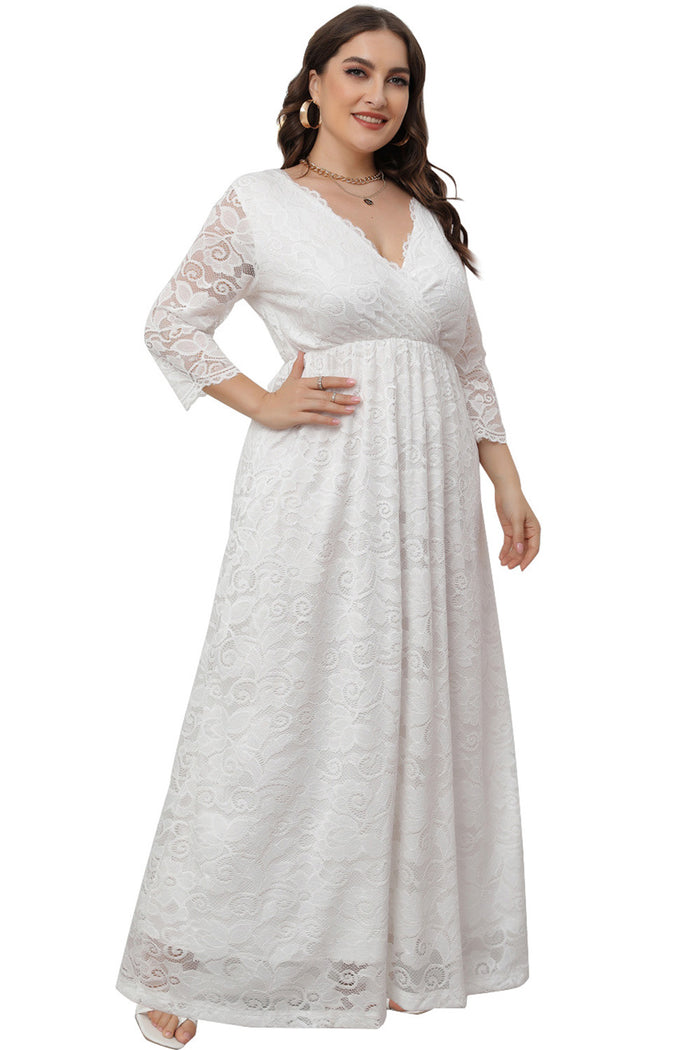 Plus Size Dress Women's V-Neck Long Sleeve Elegant Lace Evening Maxi Party Dress