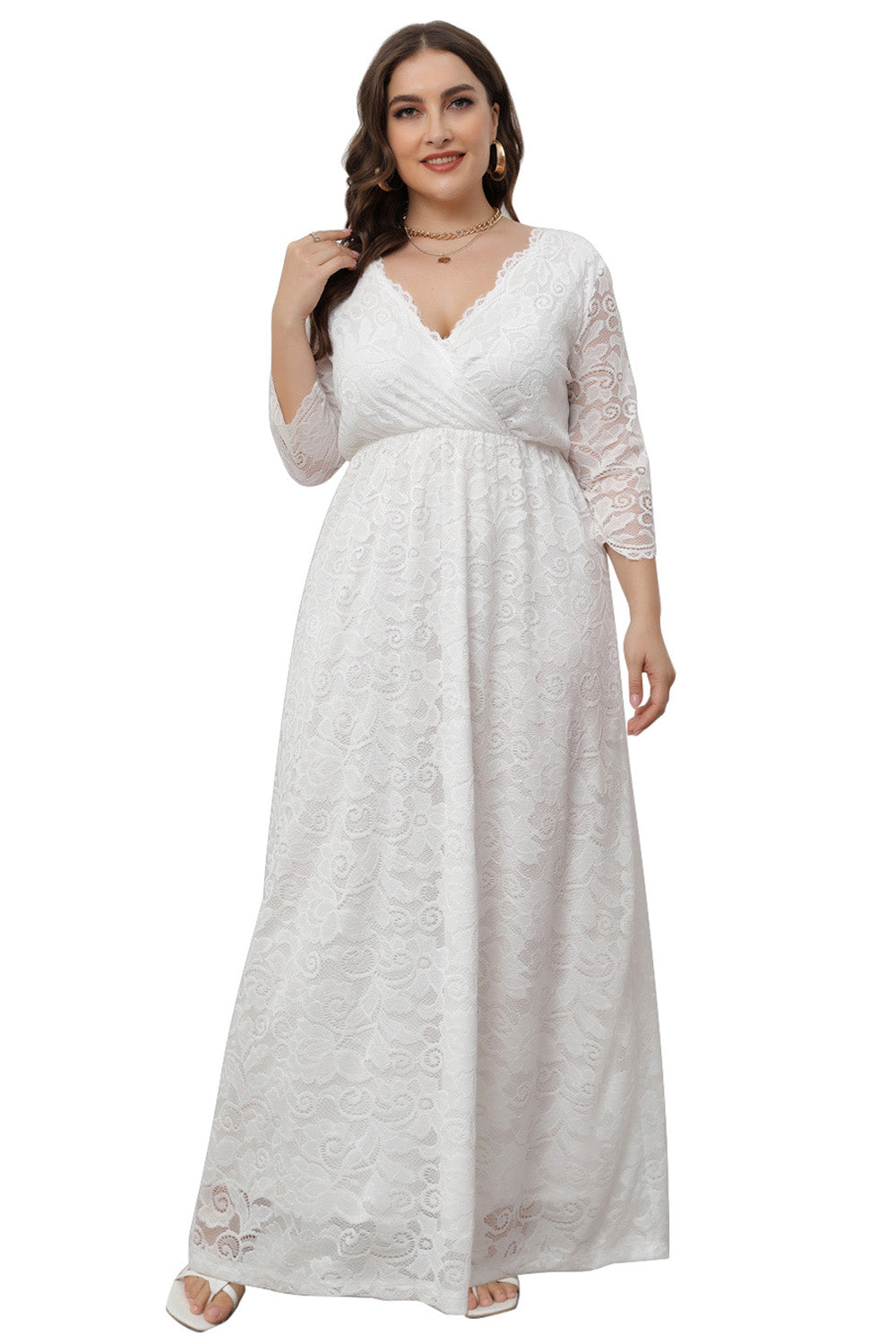 Plus Size Dress Women's V-Neck Long Sleeve Elegant Lace Evening Maxi Party Dress