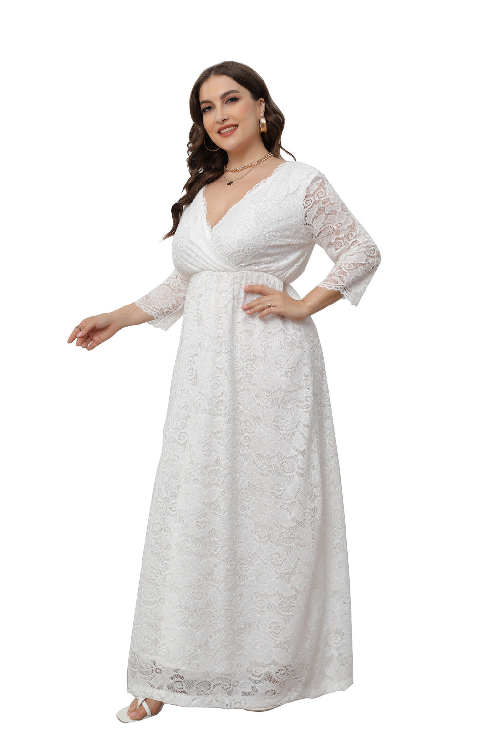 Plus Size Dress Women's V-Neck Long Sleeve Elegant Lace Evening Maxi Party Dress