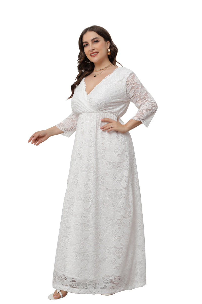 Plus Size Dress Women's V-Neck Long Sleeve Elegant Lace Evening Maxi Party Dress