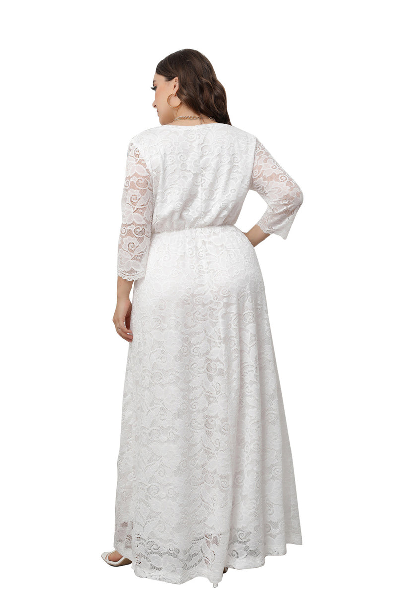 Plus Size Dress Women's V-Neck Long Sleeve Elegant Lace Evening Maxi Party Dress