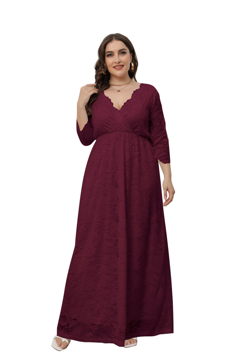 Plus Size Dress Women's V-Neck Long Sleeve Elegant Lace Evening Maxi Party Dress