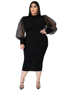 Plus Size Women's Spring New Round Neck Slim Puff Sleeve Mid Length Dress