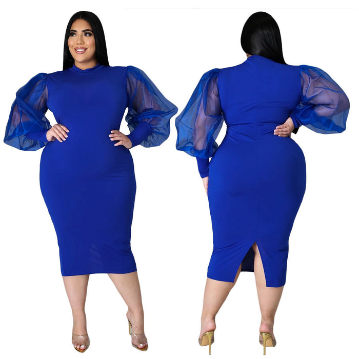 Plus Size Women's Spring New Round Neck Slim Puff Sleeve Mid Length Dress