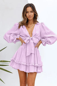 Deep V Neck Lantern Sleeve Knotted Tiered Long Sleeve Women's Mini Dress