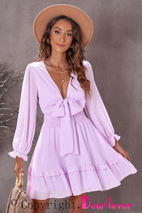 Deep V Neck Lantern Sleeve Knotted Tiered Long Sleeve Women's Mini Dress