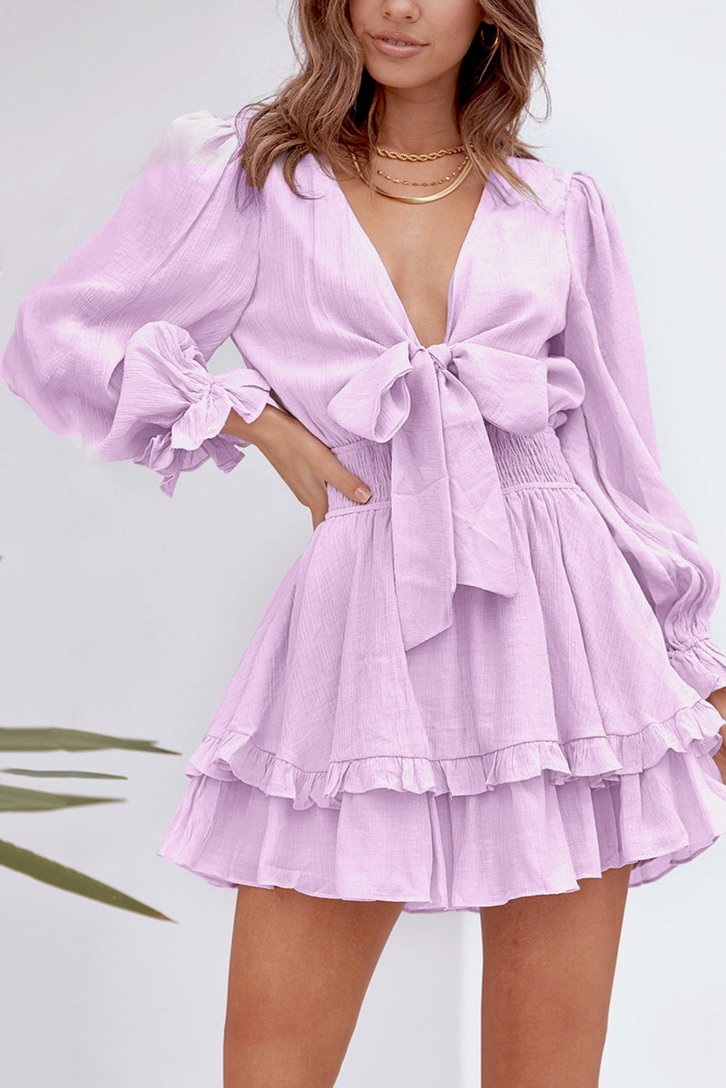 Deep V Neck Lantern Sleeve Knotted Tiered Long Sleeve Women's Mini Dress