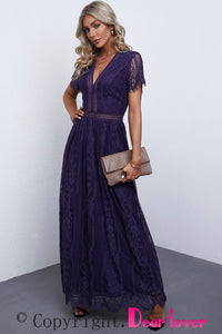 Udressshop Burgundy Deep V Neck Short Sleeve Lace Maxi Dress