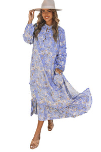 Udressshop Purple Ruffled Bubble Sleeves Kaftan Paisley Maxi Dress