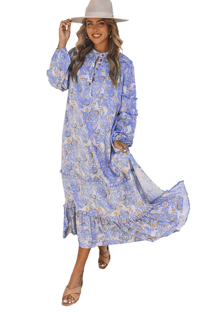 Udressshop Purple Ruffled Bubble Sleeves Kaftan Paisley Maxi Dress