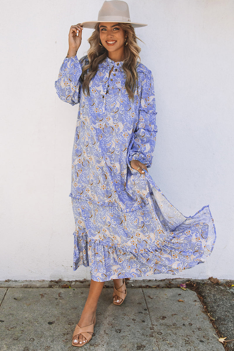 Udressshop Purple Ruffled Bubble Sleeves Kaftan Paisley Maxi Dress