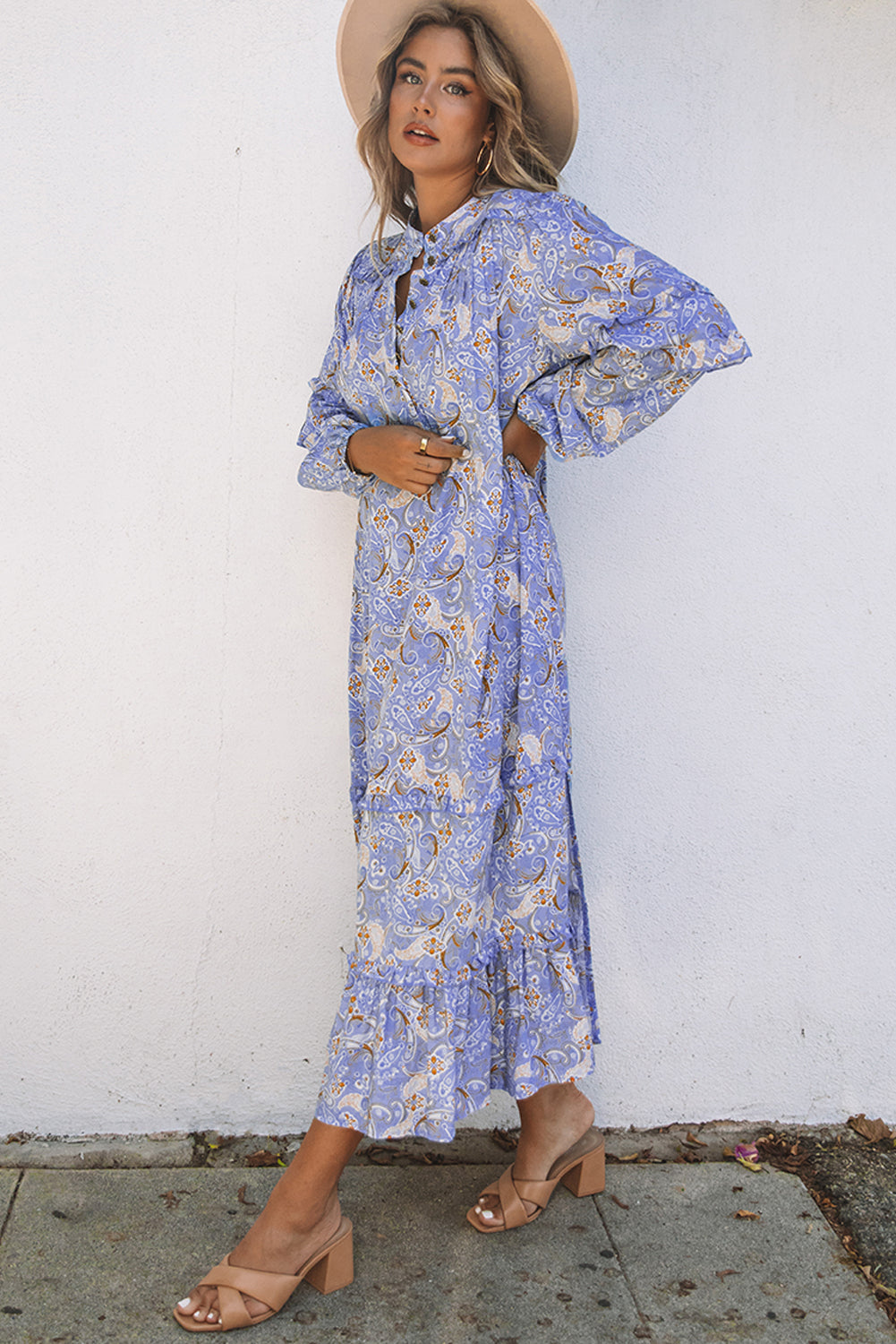 Udressshop Purple Ruffled Bubble Sleeves Kaftan Paisley Maxi Dress